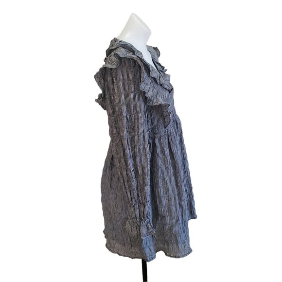 NWT Anthropology Moon River Black White Gingham Ruffled Long Sleeve Mini Dress S - Picture 3 of 13